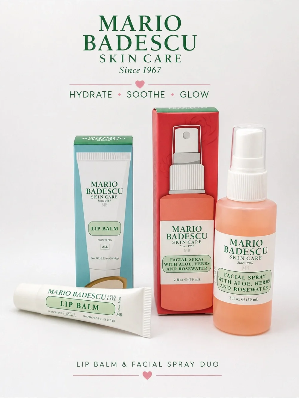 Mario Badescu Lip Balm & Facial Spray Gift Set | Rosewater + Warm Coconut | New